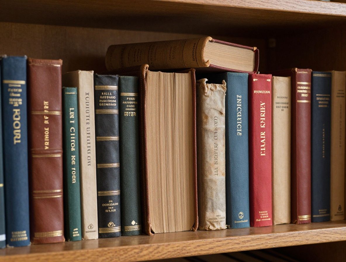 Libros antiguos y encuadernaciones de cuero apilados en una biblioteca con luz cálida de ventana, polvo de luz y texturas de papel envejecido visible
