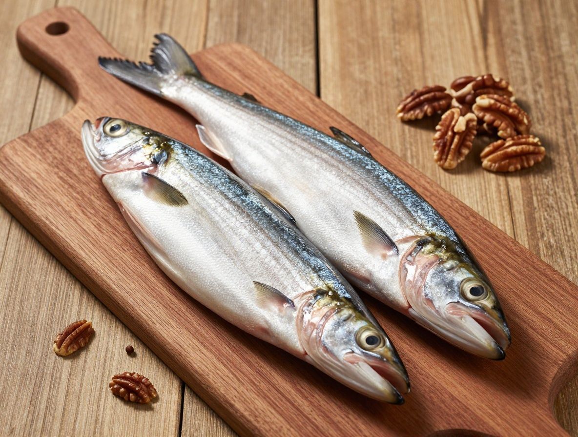 Filetes de pescado fresco y nueces sobre tabla de madera natural, composición de alimentos ricos en ácidos grasos con iluminación natural lateral suave